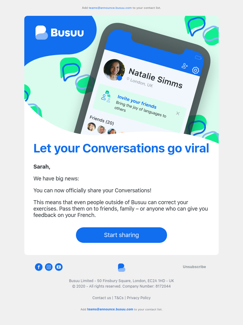 Busuu - Sarah, start sharing Conversation exercises with friends on social media