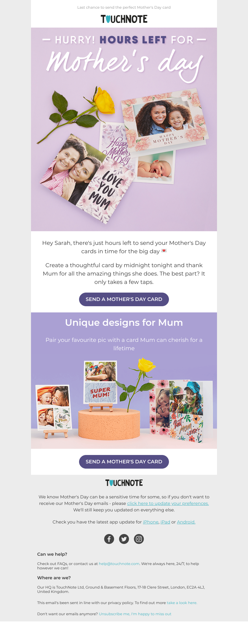 TouchNote - Quick! ⏳ Only hours left to send your Mother's Day cards, Sarah