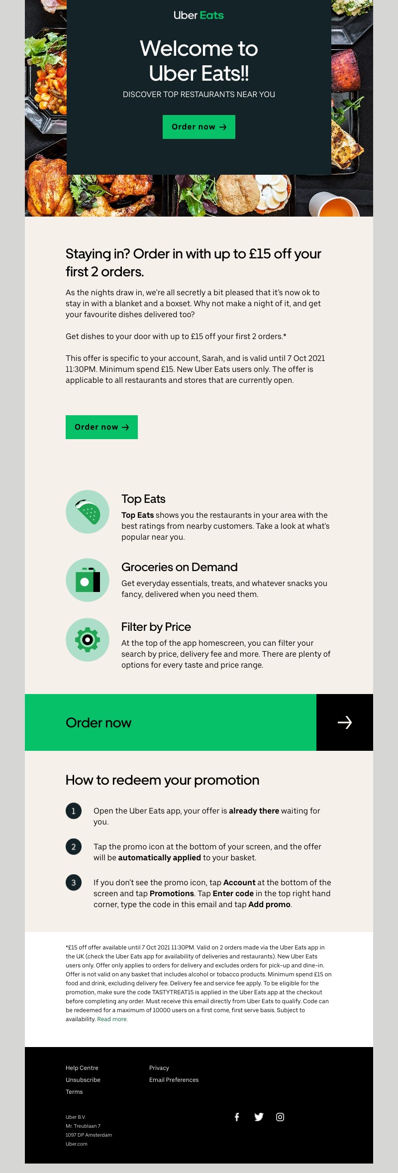 Uber Eats - Get  £15 off  your first 2 orders