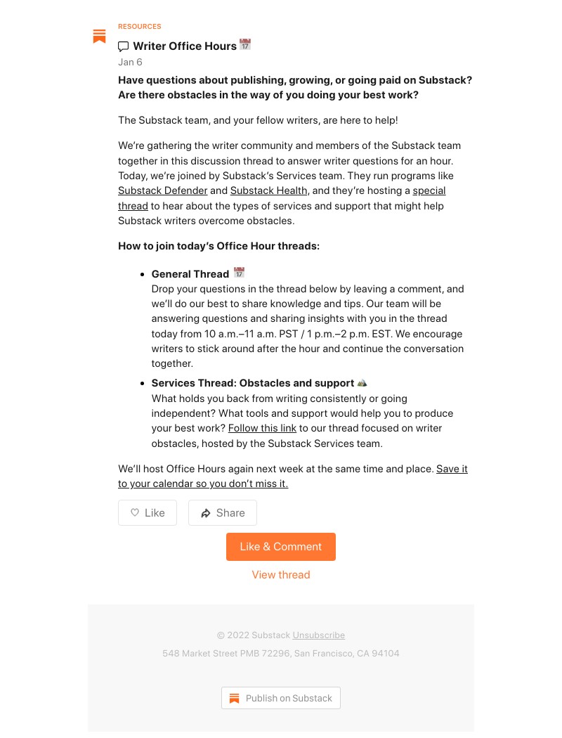 Substack - Writer Office Hours 📅