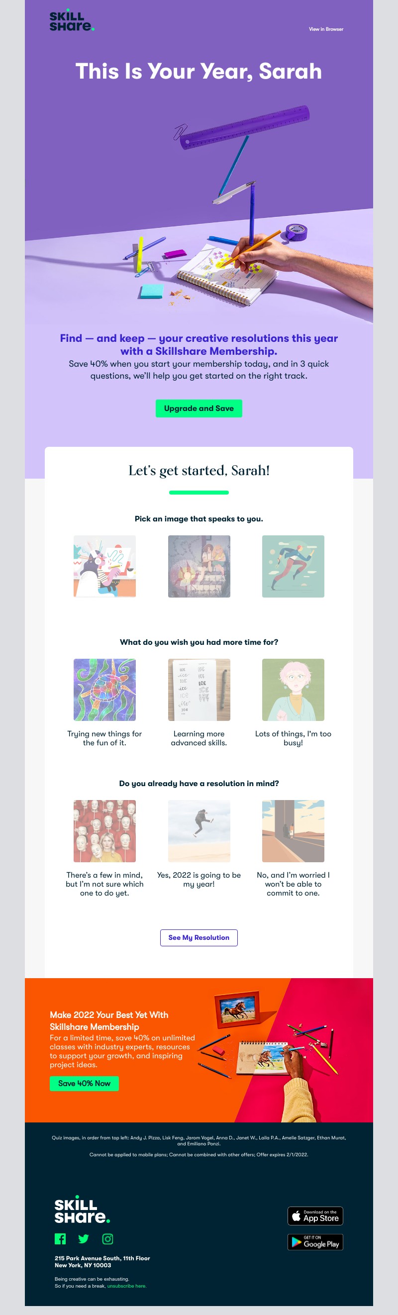 Skillshare - Sarah, Save 40% and Find Your 2022 Creative Resolution