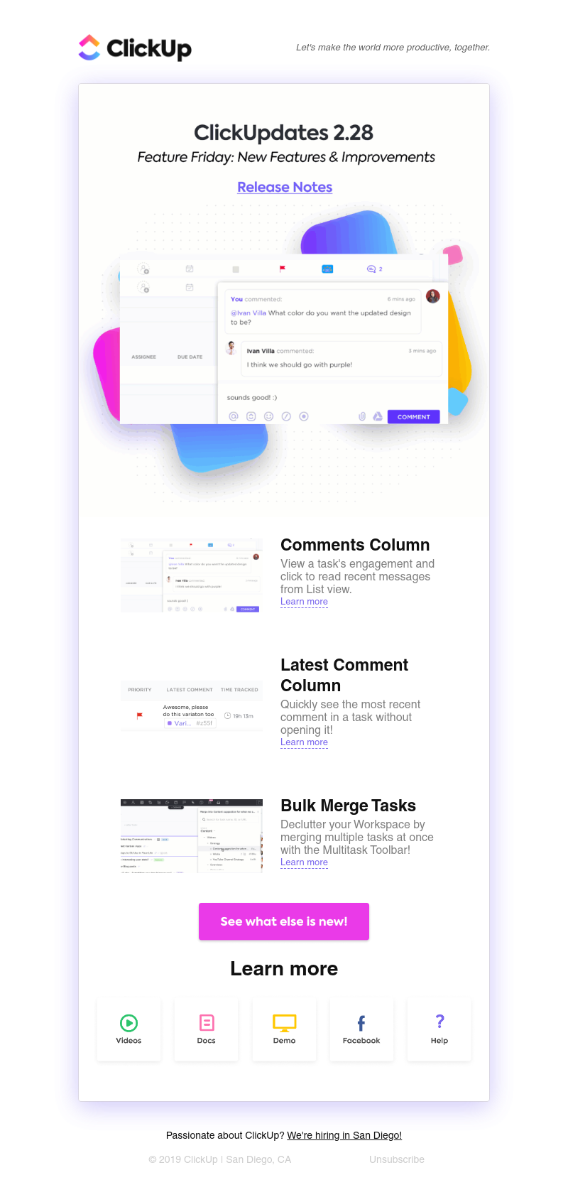 ClickUp - ClickUpdates 2.28 🍀 Comment Columns, Bulk Merge Tasks, Search Statuses, and more! 