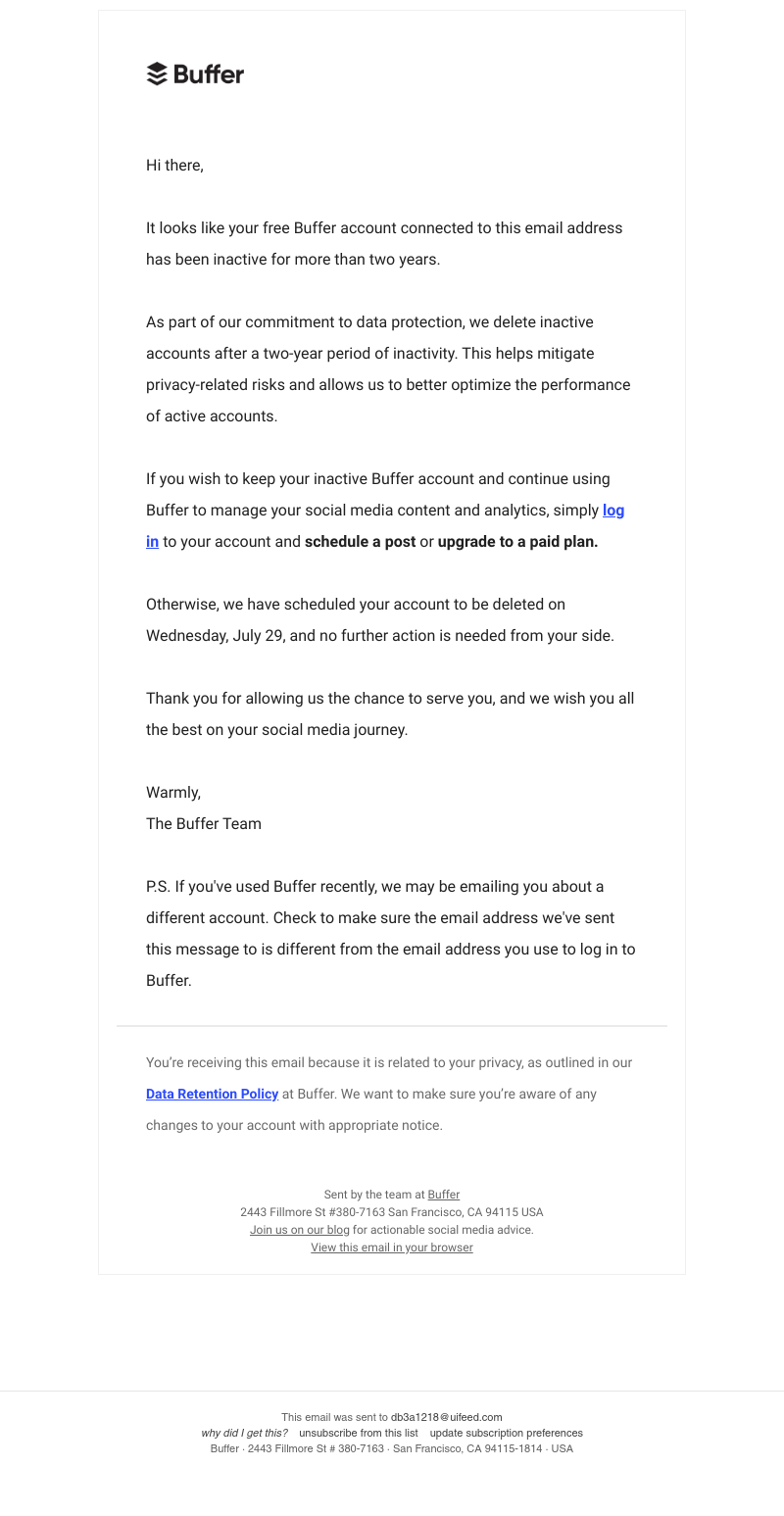  - Your inactive Buffer account is scheduled for deletion