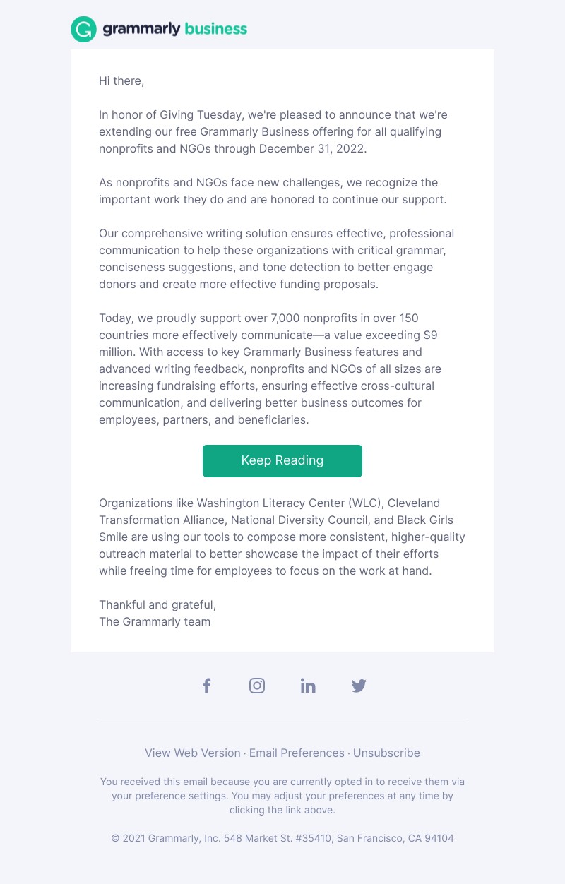 Grammarly - Nonprofits and NGOs get extended free access