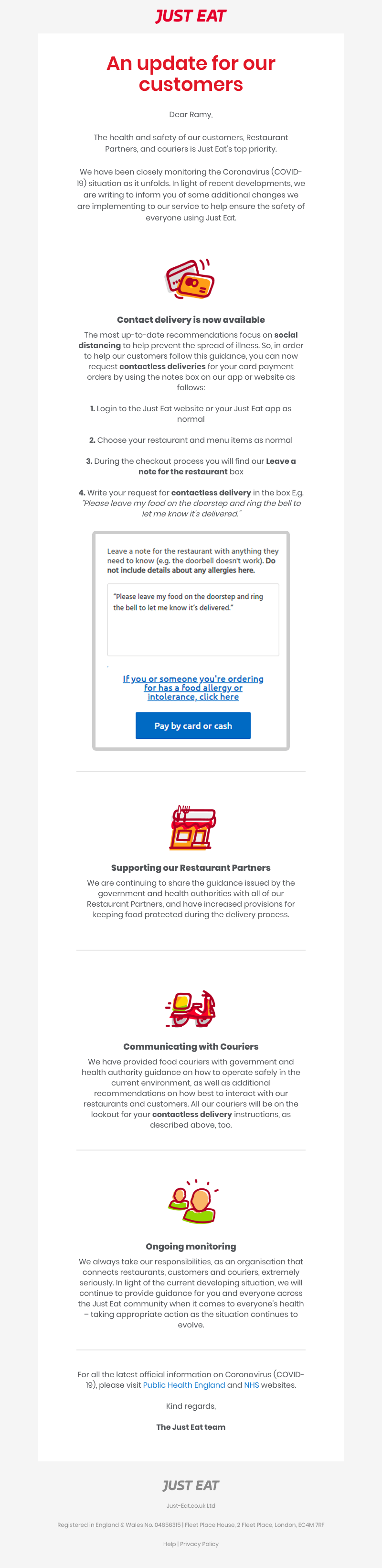Just Eat - Coronavirus: an important update for our customers