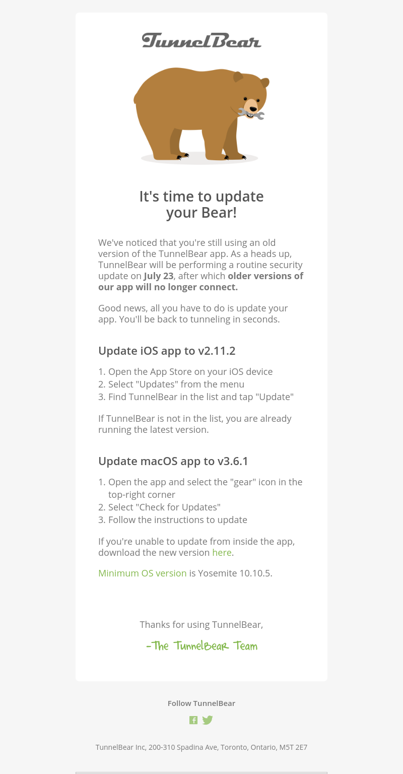  - Important - Update your TunnelBear before July 23