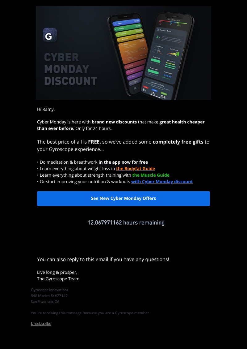 Gyroscope - The Biggest Sale Ends Today! New Cyber Monday deals for you Ramy… ✨