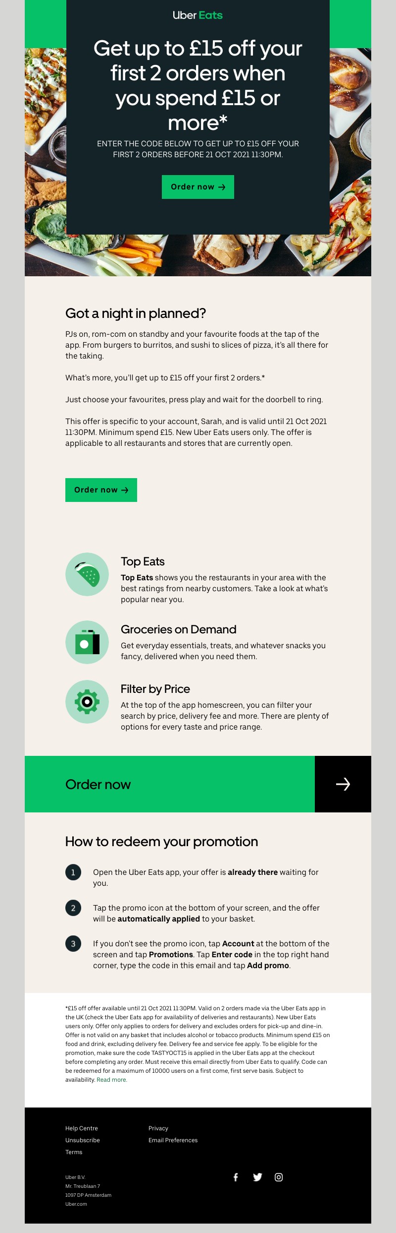 Uber Eats - Get  £15 off  your first 2 orders