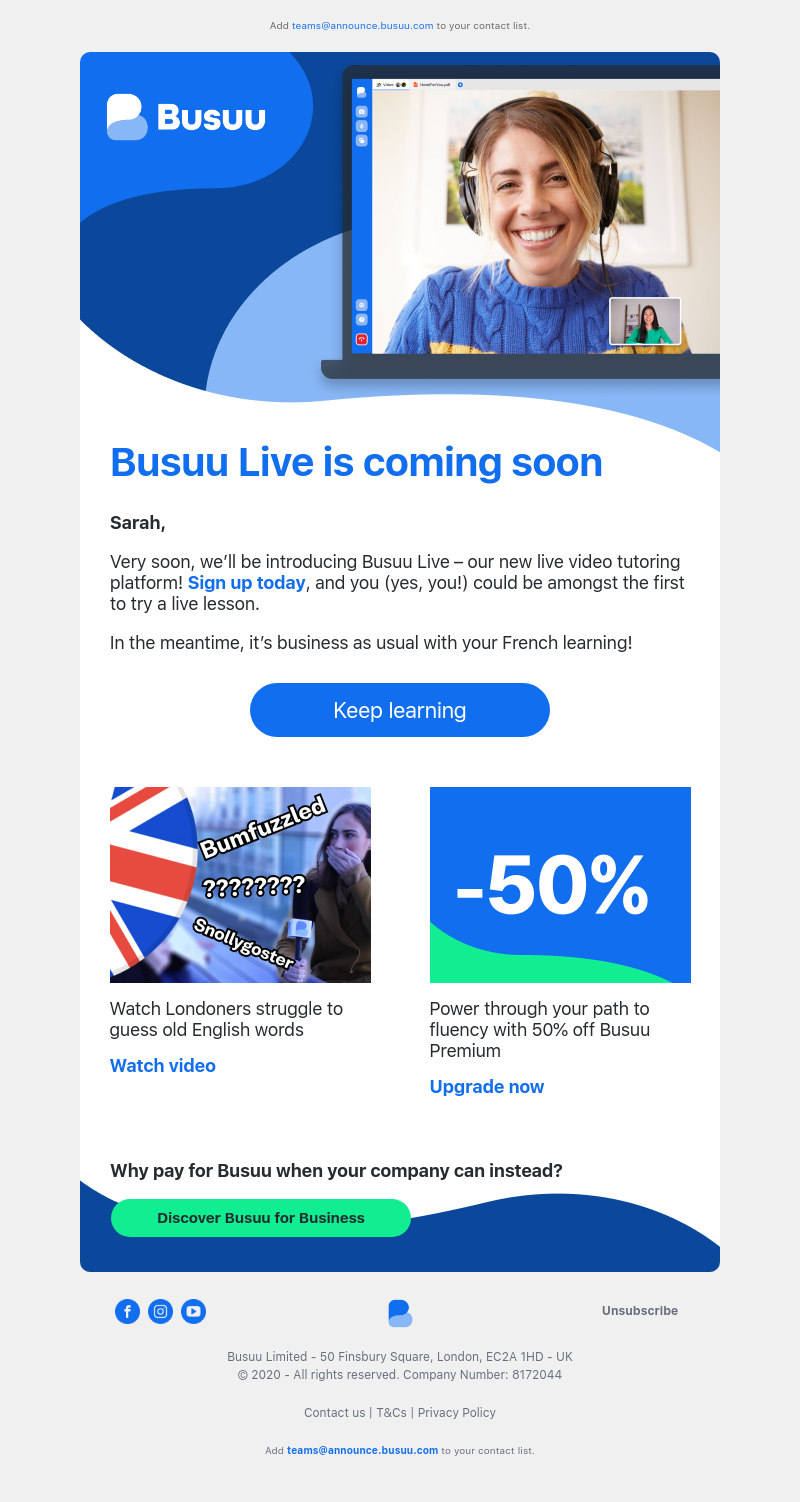 Busuu - Sarah, get early access to our new live video tutoring platform 🙌     