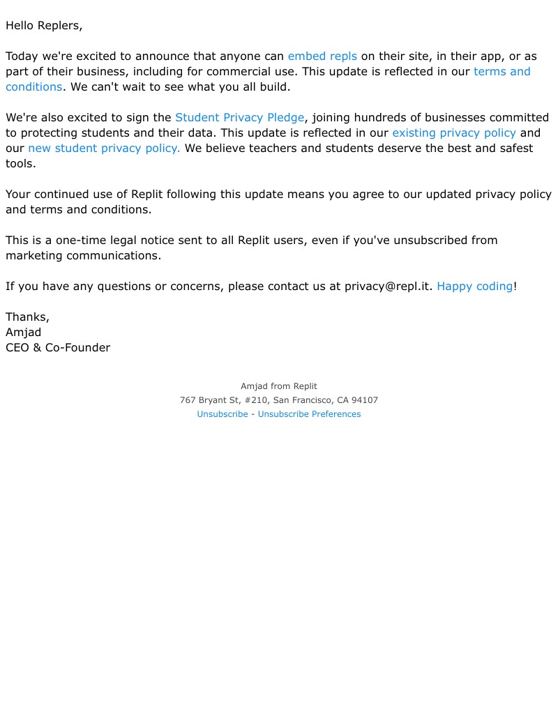 Replit - Replit privacy & terms updates: commercial embeds + student privacy pledge!
