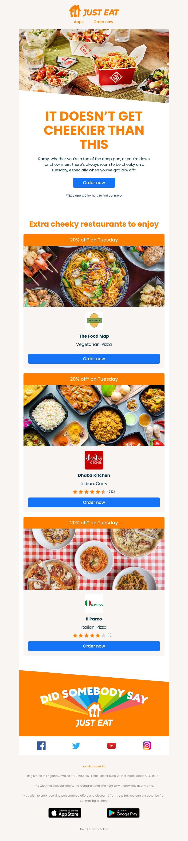 Just Eat - Ramy, tap to get 20% off your favourites