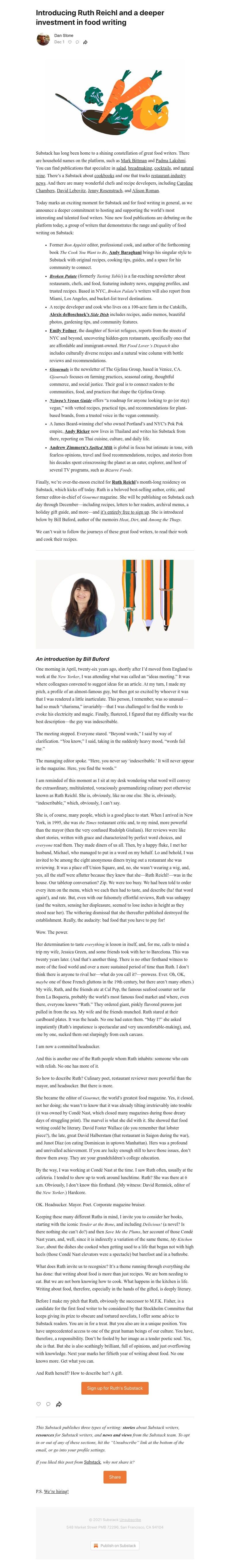 Substack - Introducing Ruth Reichl and a deeper investment in food writing