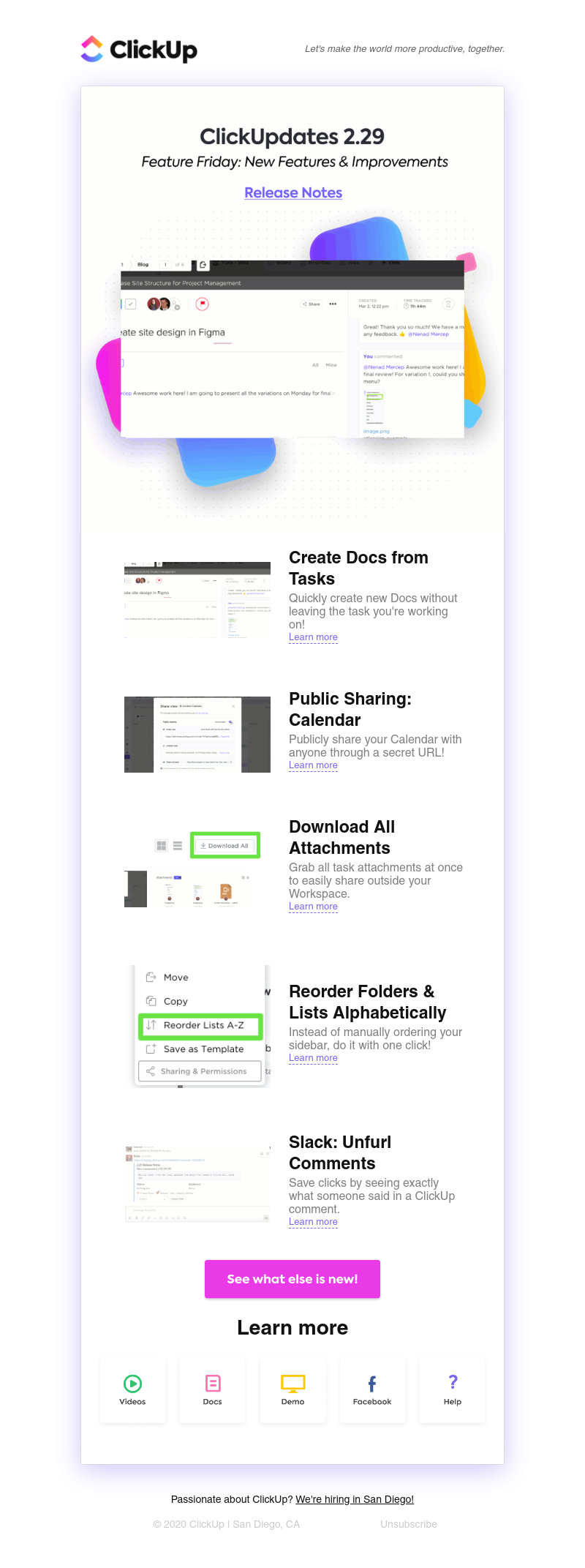 ClickUp - ClickUpdates 2.29: Create Docs from Tasks, Share Calendars Publicly, Download All Attachments, and more!