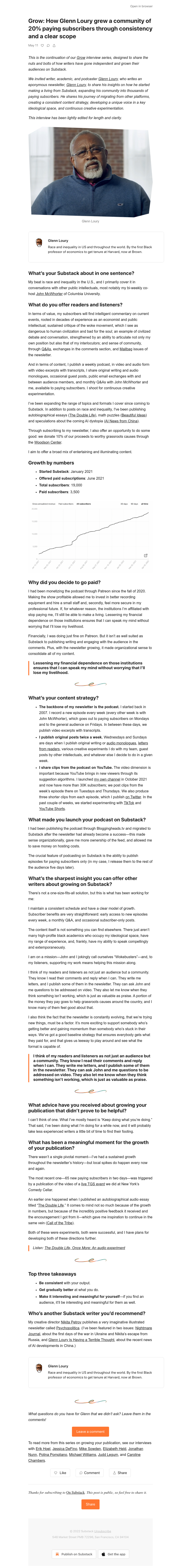 Substack - Grow: How Glenn Loury grew a community of 20% paying subscribers through consistency and a clear scope