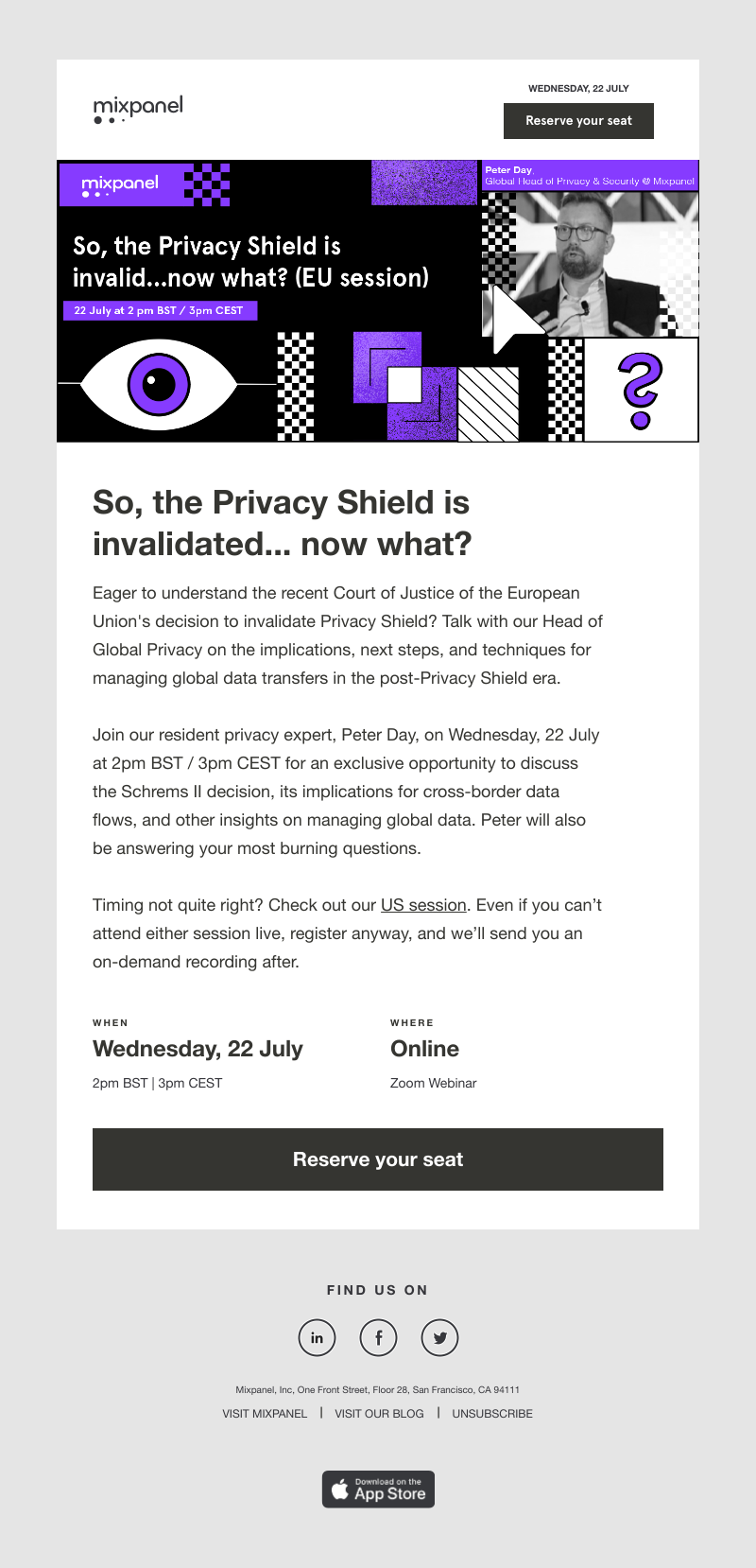 Mixpanel - Hear the news? The Privacy Shield is invalid...here's what you need to know | July 22 @ 2pm BST / 3pm CEST