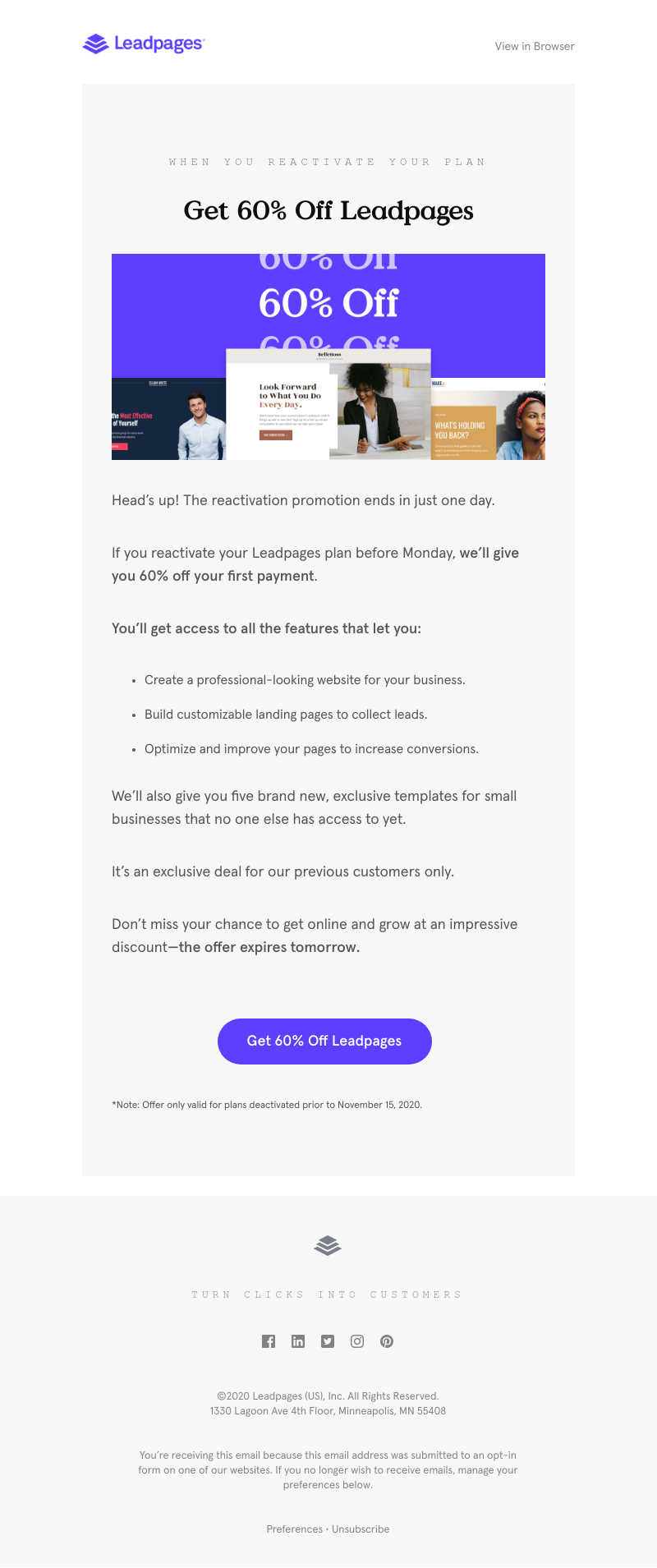 Leadpages - Clock’s ticking: Get 60% off your old plan