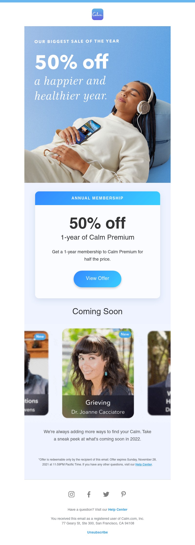 Calm - Sarah, it's finally here. Redeem yours today.