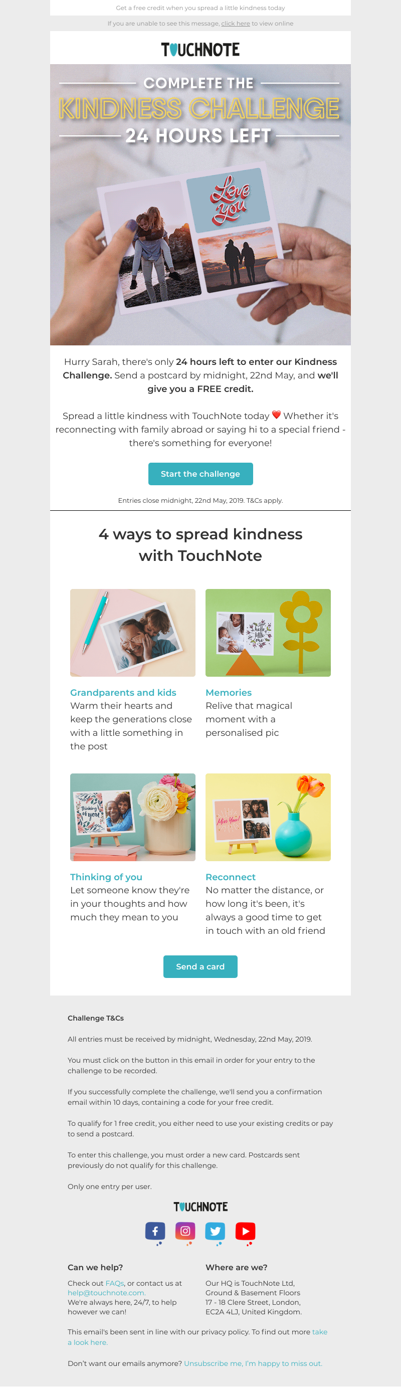 TouchNote - Sarah, last chance to complete the Kindness Challenge 🙌