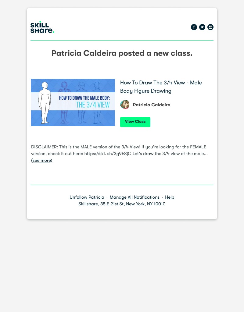 Skillshare - Patricia Caldeira posted a new class: "How To Draw The 3/4 View - Male Body Figure Drawing"