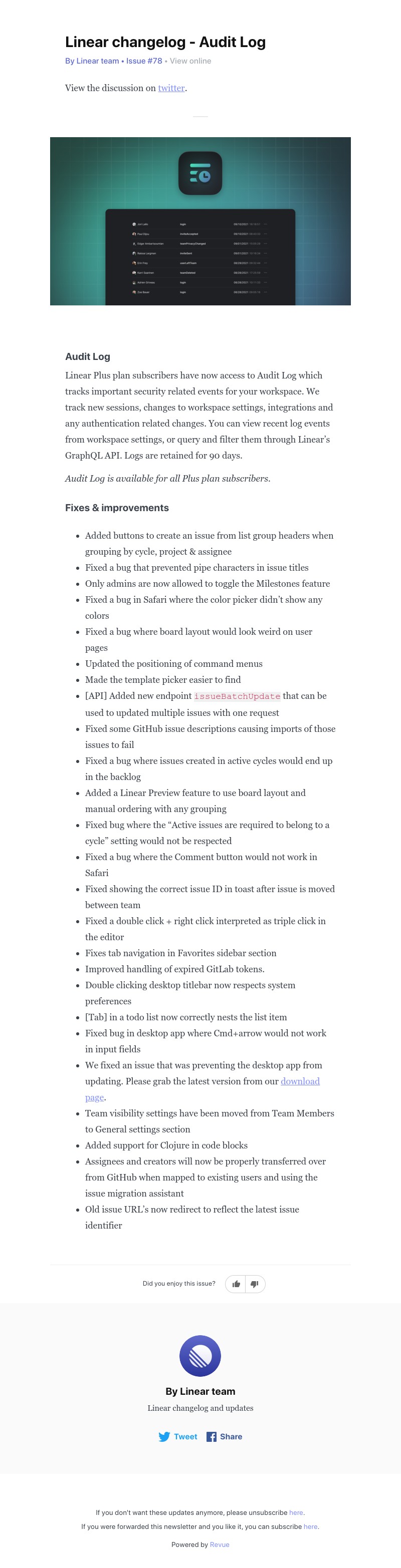Linear - Linear changelog - Audit Log