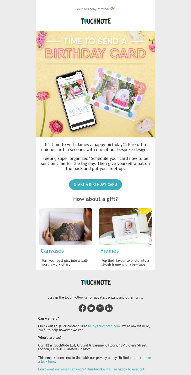 TouchNote - It's time to send James a birthday card 🎈
