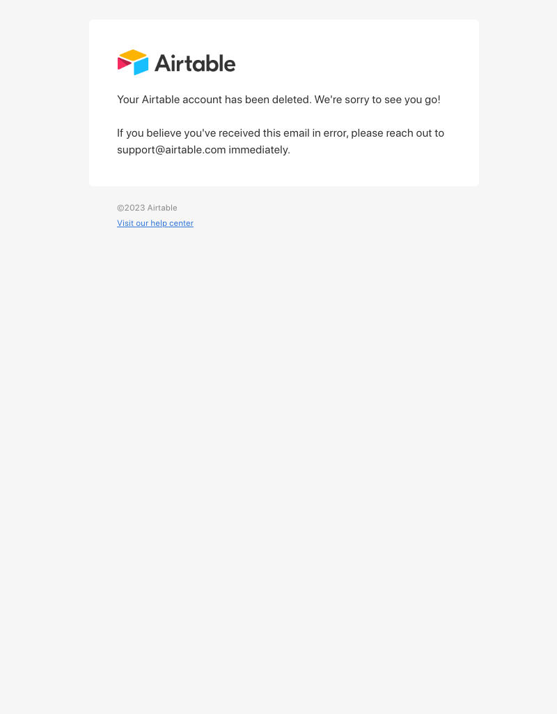  - Your Airtable account has been deleted