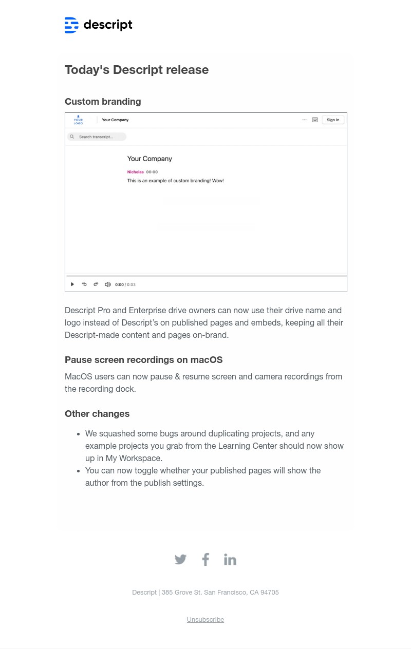 Descript - New in Descript: Custom branding on published pages and embeds