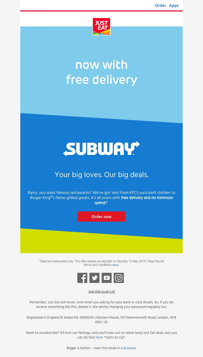 Just Eat - Get free delivery on famous restaurants, Ramy