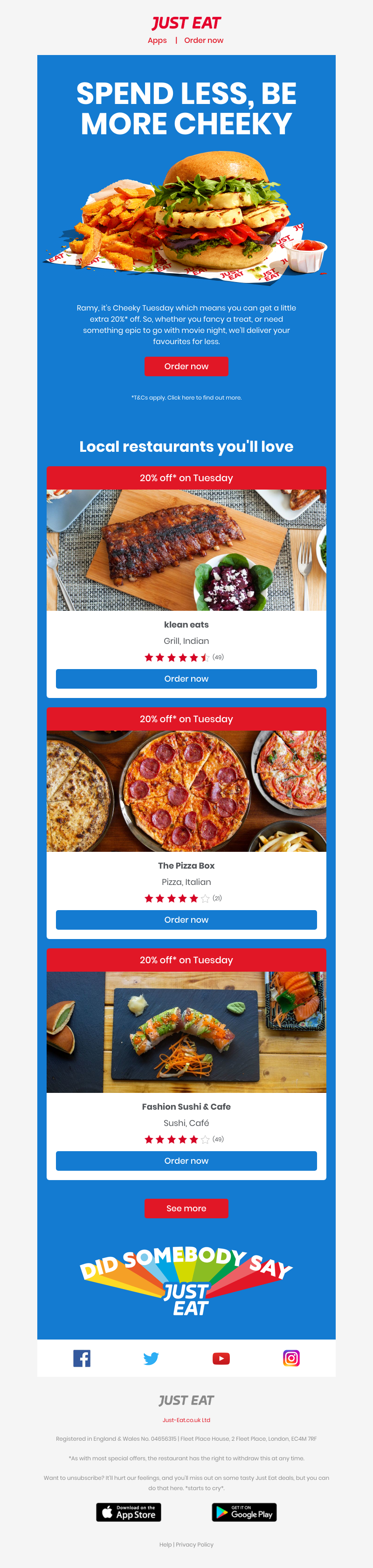 Just Eat - Ramy, get a cheeky 20% off your locals 😋  