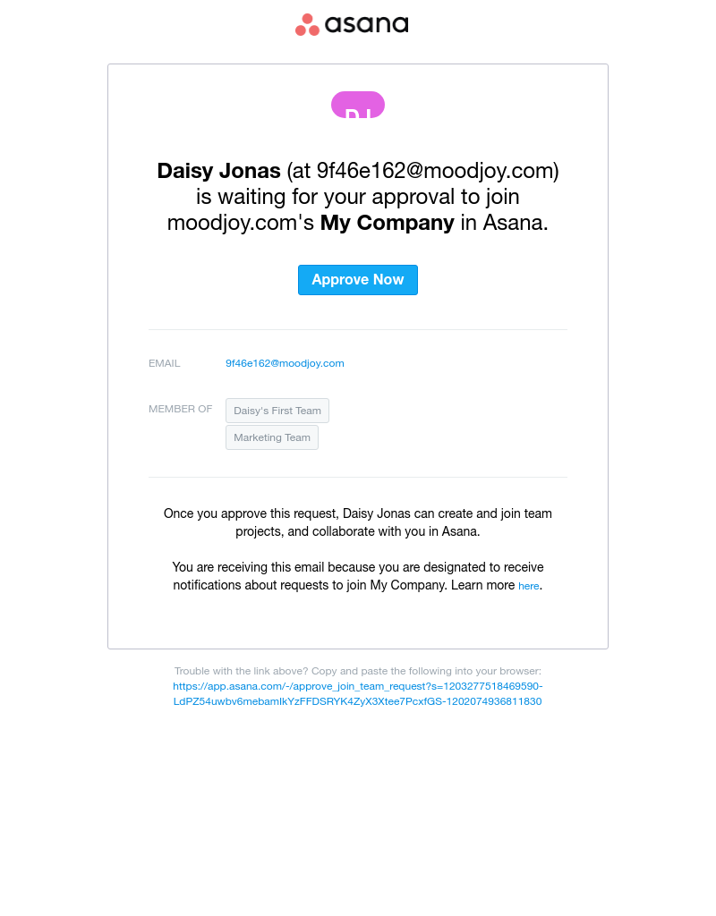 Asana - Approval needed: Accept request for Daisy Jonas to join My Company in Asana