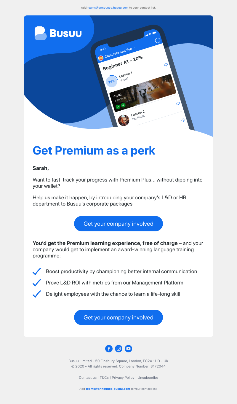 Busuu - Sarah, why pay for Busuu Premium when your company can?