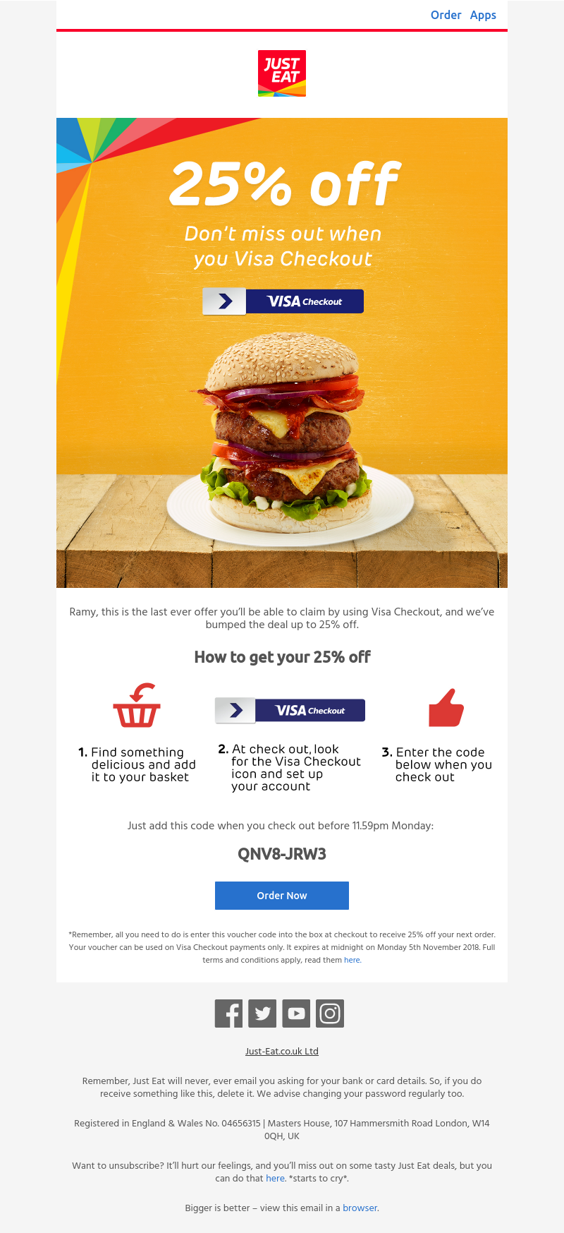 Just Eat - Last chance to get 25% off with Visa Checkout