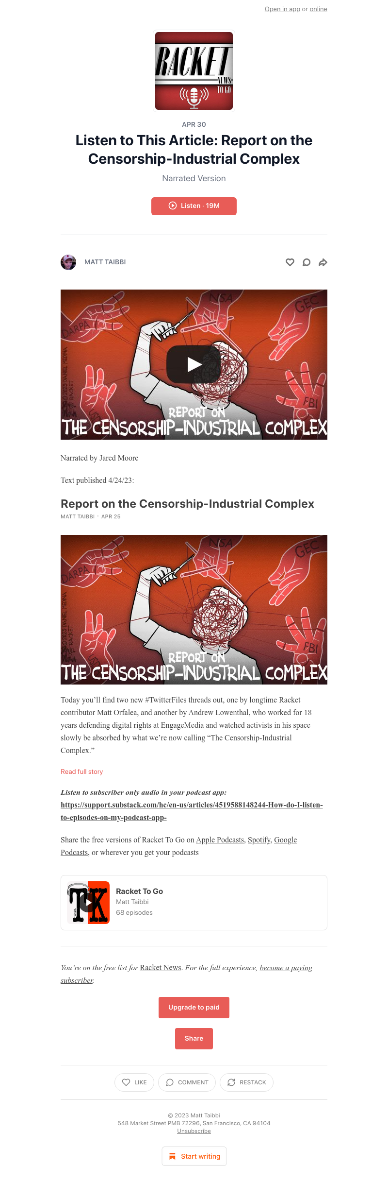 Substack - Listen to This Article: Report on the Censorship-Industrial Complex