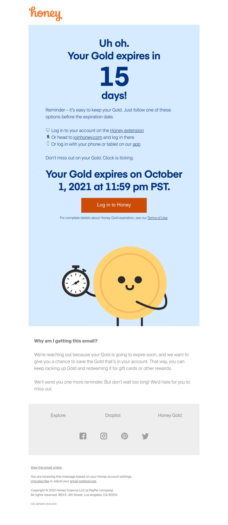 Honey - Reminder – Your Gold expires in 15 days!