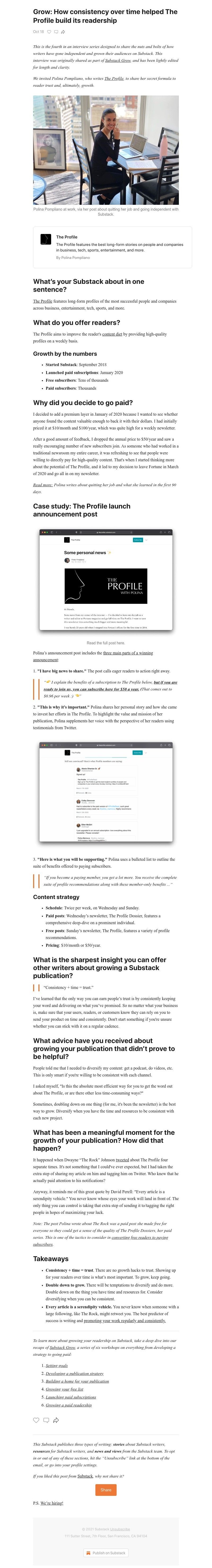 Substack - Grow: How consistency over time helped The Profile build its readership