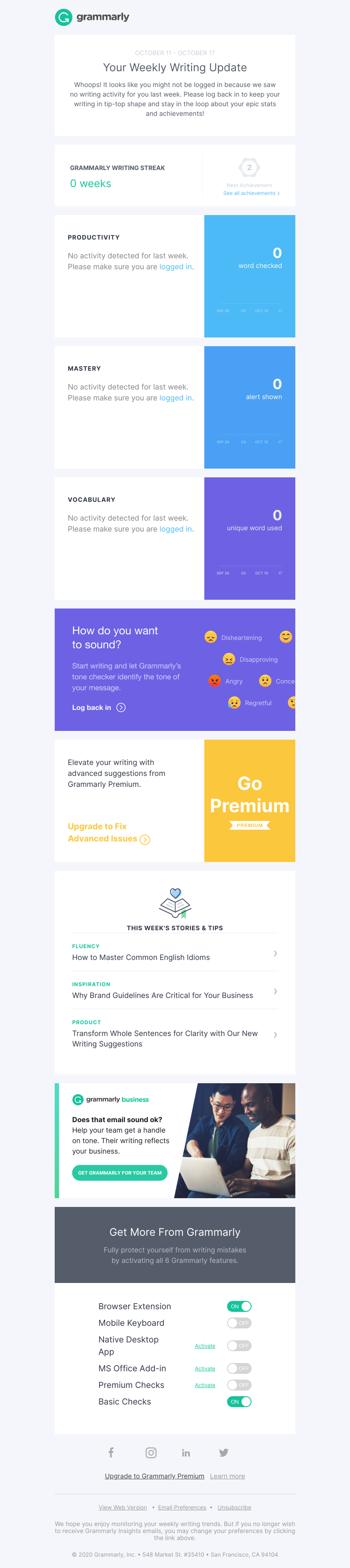 Grammarly - Keep writing to see your super stats.