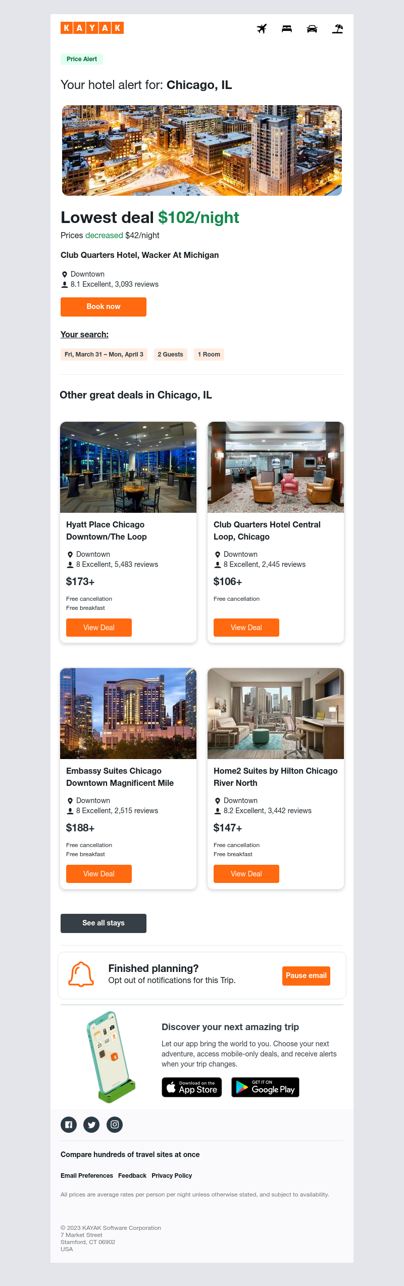 Kayak - Jackpot: Hotel prices dropped $42 in Chicago, IL!