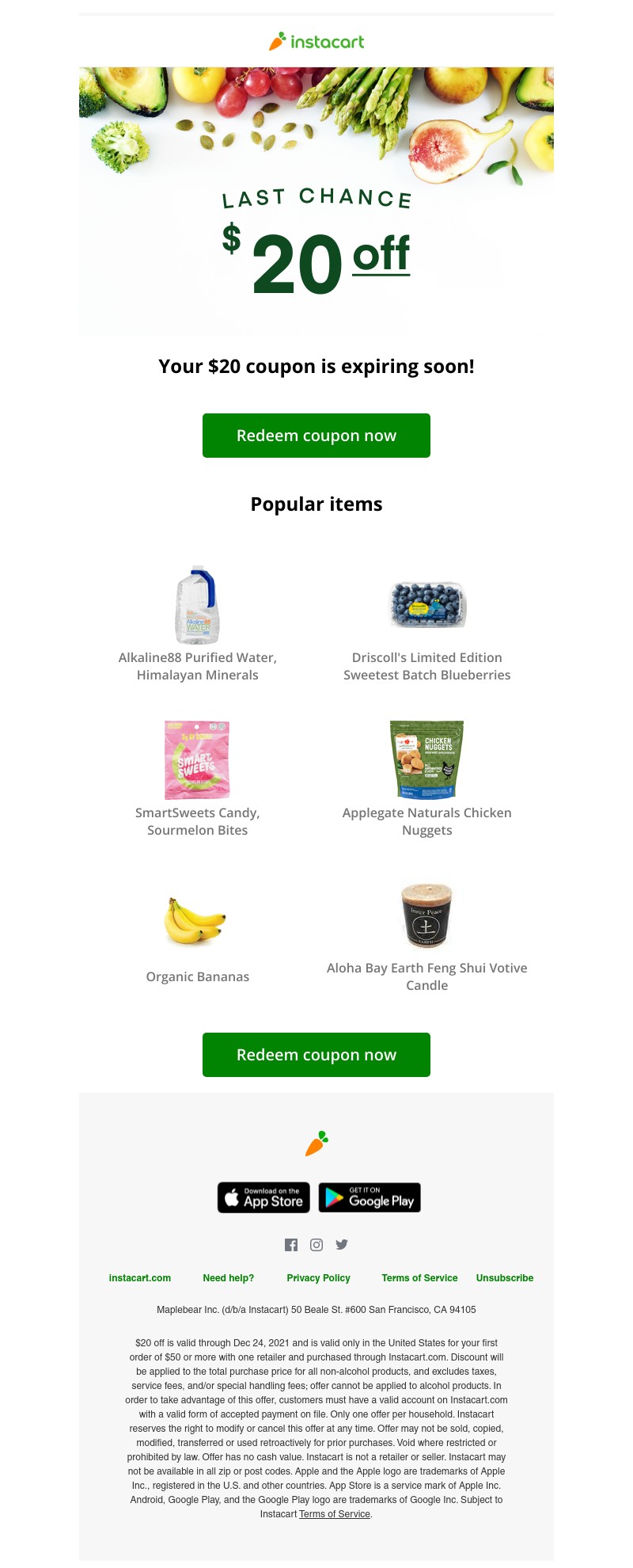 Instacart - 💵 Expiring soon! Claim your $20 coupon!
