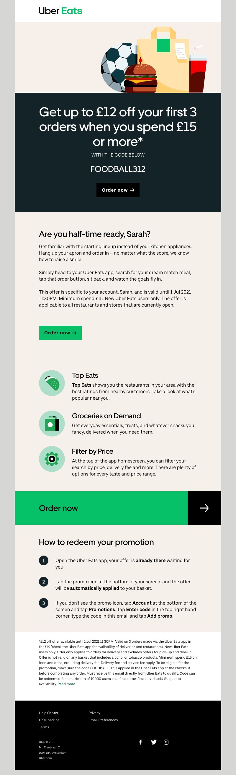 Uber Eats - Get  £12 off  your first 3 orders