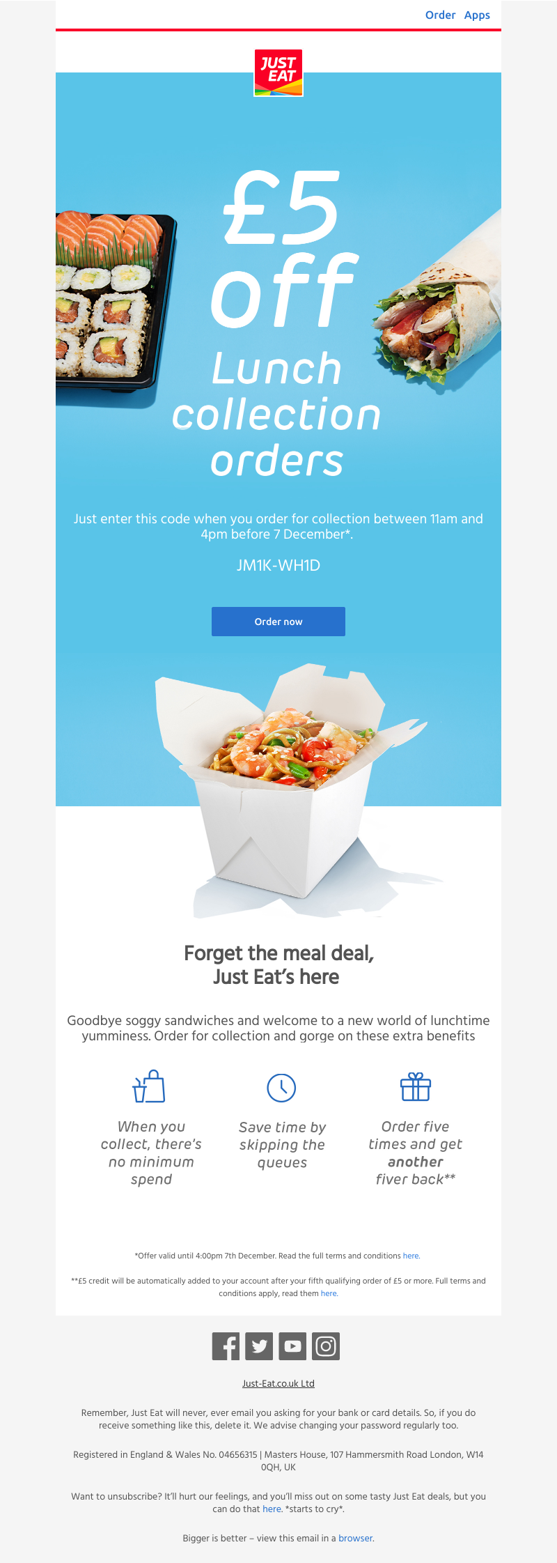 Just Eat - £5 off lunch collection orders today