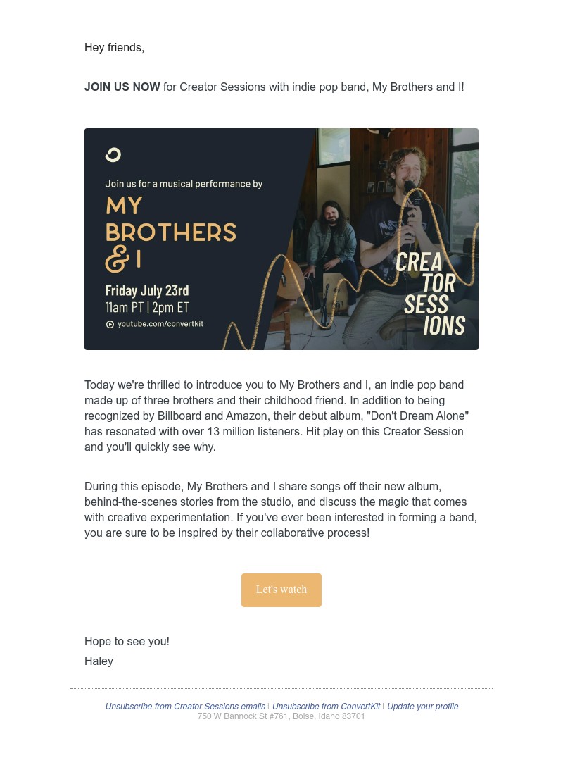 ConvertKit - 🎤 STARTING NOW: Indie pop band, My Brothers and I on Creator Sessions