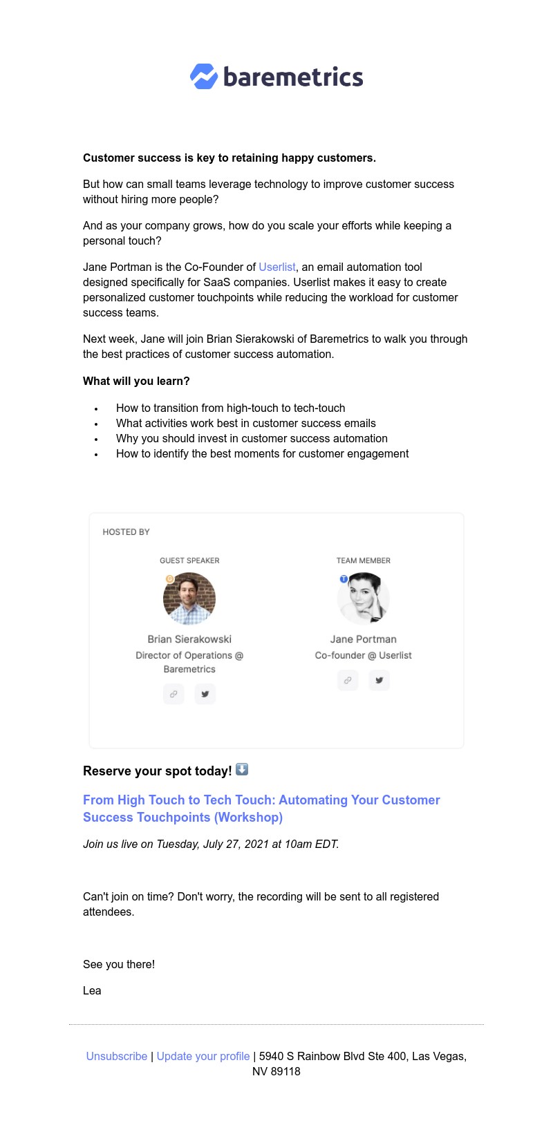 Baremetrics - From High Touch to Tech Touch: Automating Your Customer Success Touchpoints (Workshop)