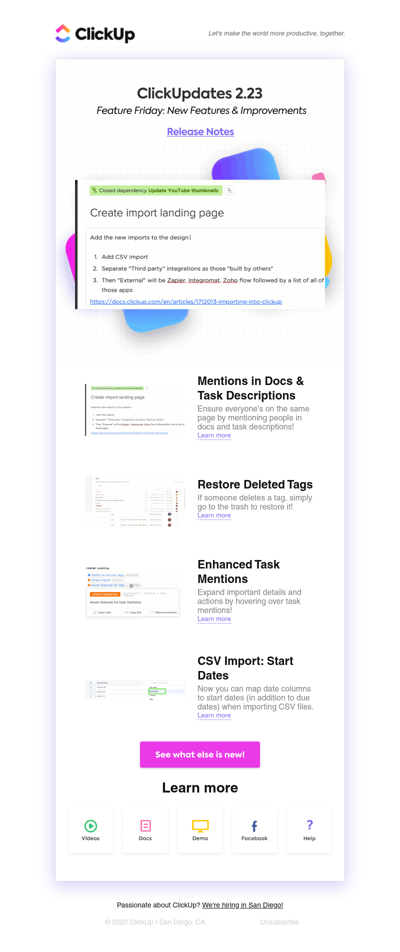 ClickUp - ClickUpdates 2.23 🎉Mentions in Docs & Task Descriptions, Restore Deleted Tags, and more!