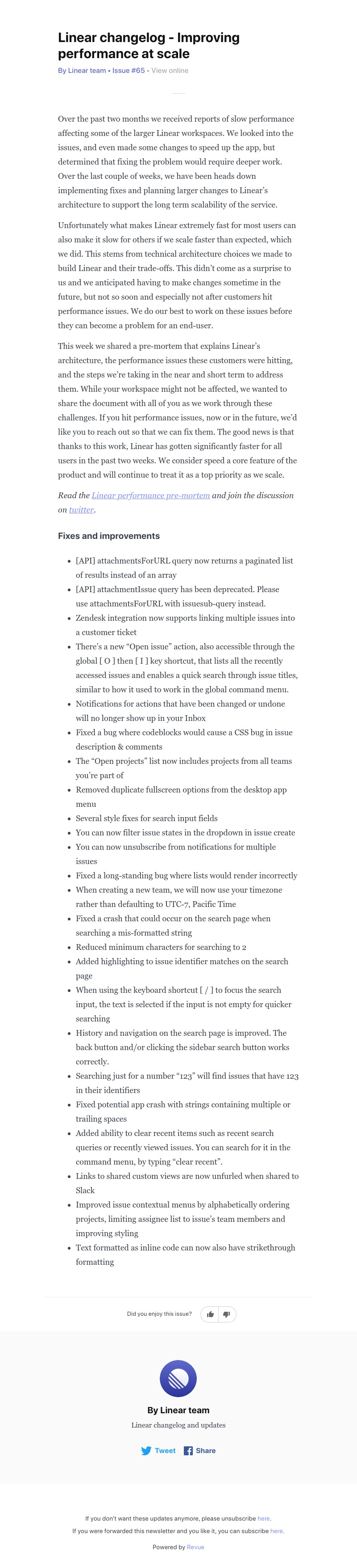 Linear - Linear changelog - Improving performance at scale