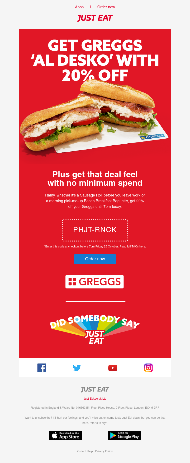 Just Eat - Last chance to get 20% off Greggs!