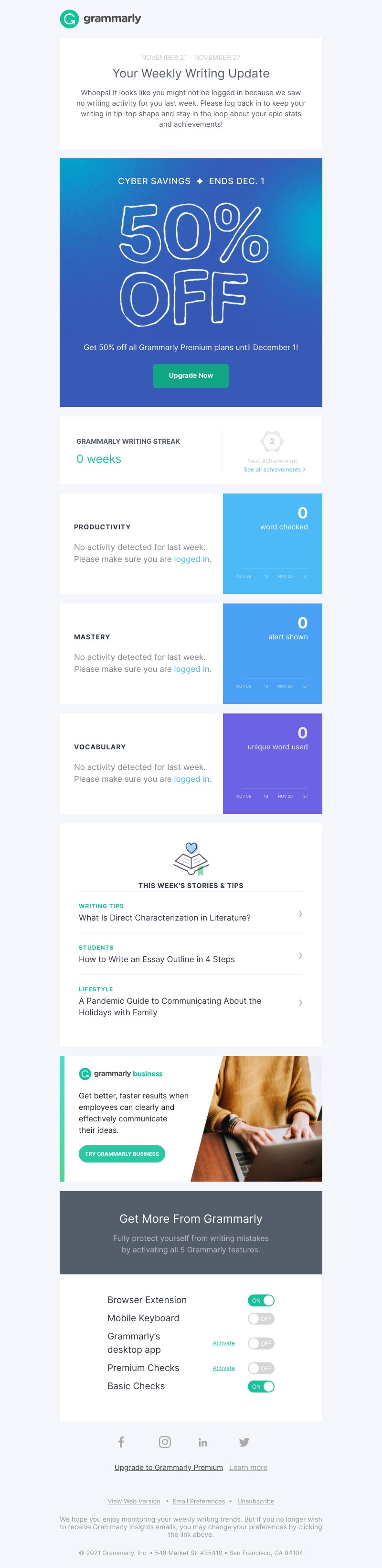Grammarly - Your Weekly Writing Stats + 50% Off Any Plan
