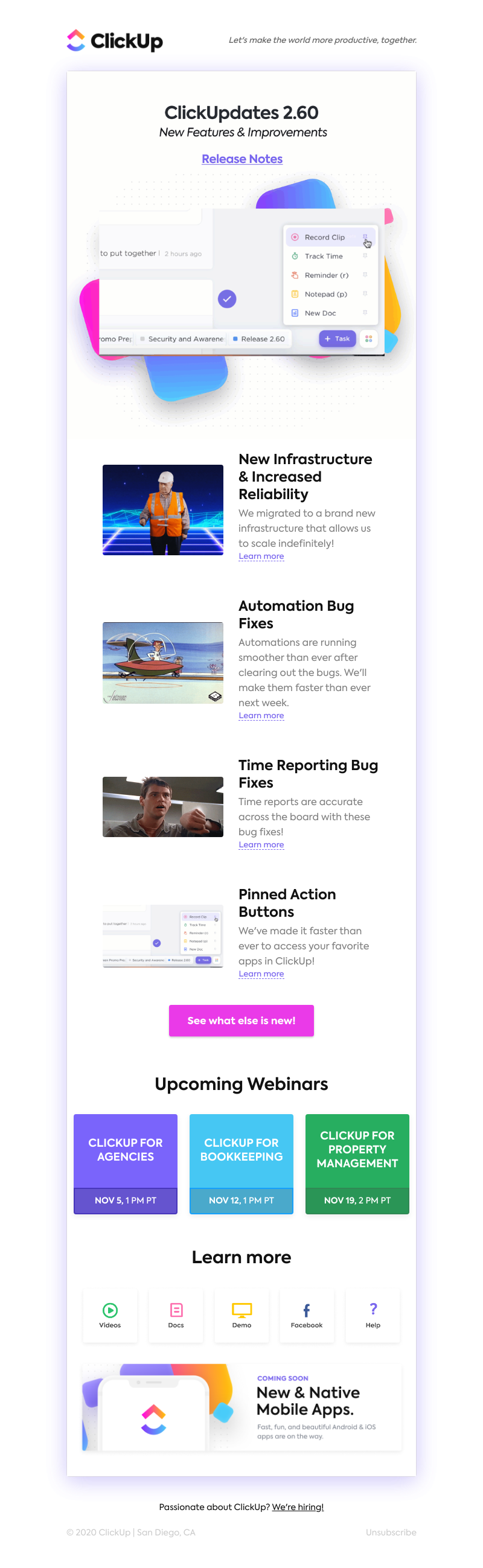 ClickUp - Infrastructure Upgrade, 100+ Bug Fixes, Pinned Action Buttons