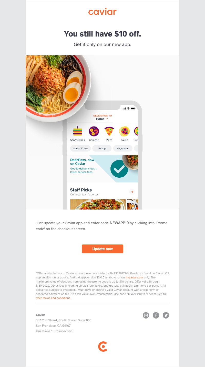  - Reminder: $10 off when you update your app