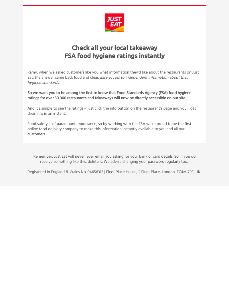 Just Eat - Ramy, restaurant food hygiene ratings now instantly available on our site