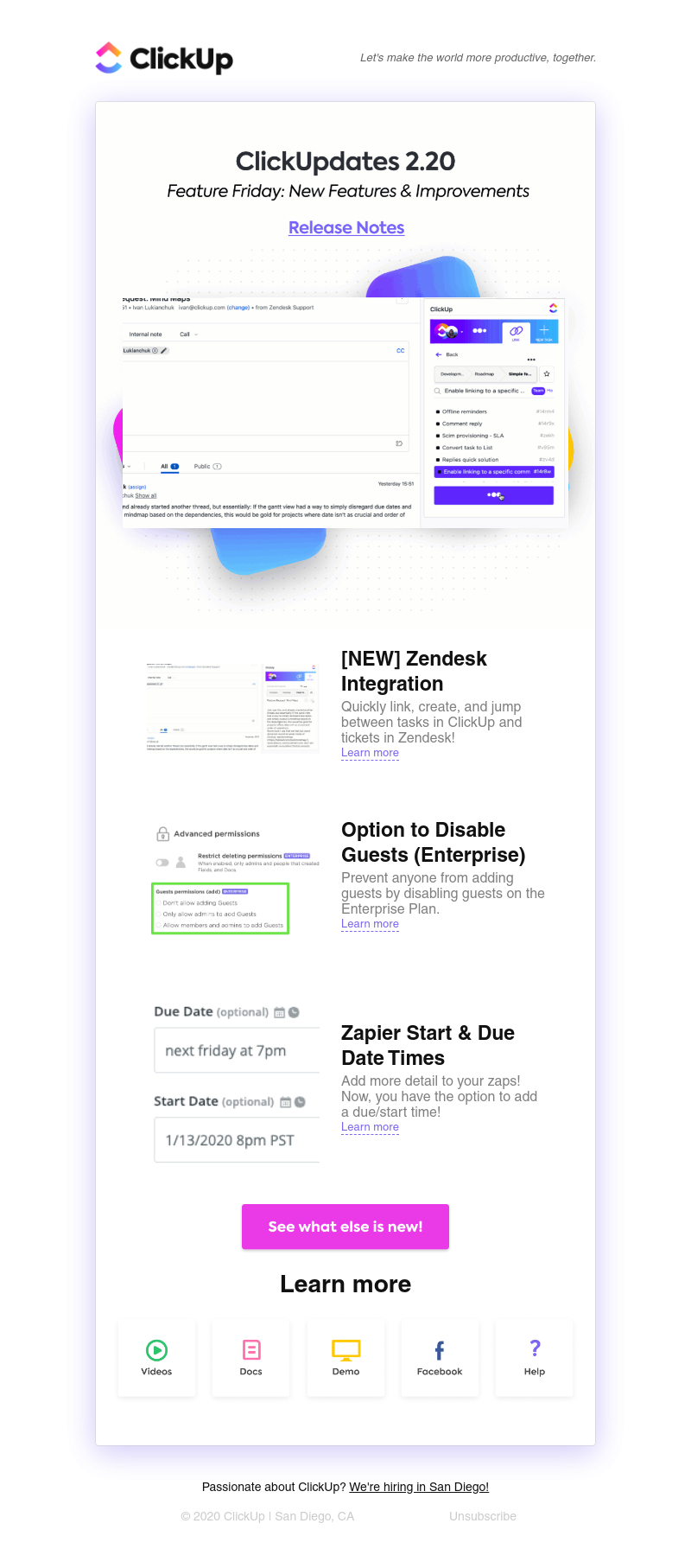 ClickUp - ClickUpdates 2.20 😱 Zendesk Integration, Option to Disable Guests, Zapier Date Times, more!